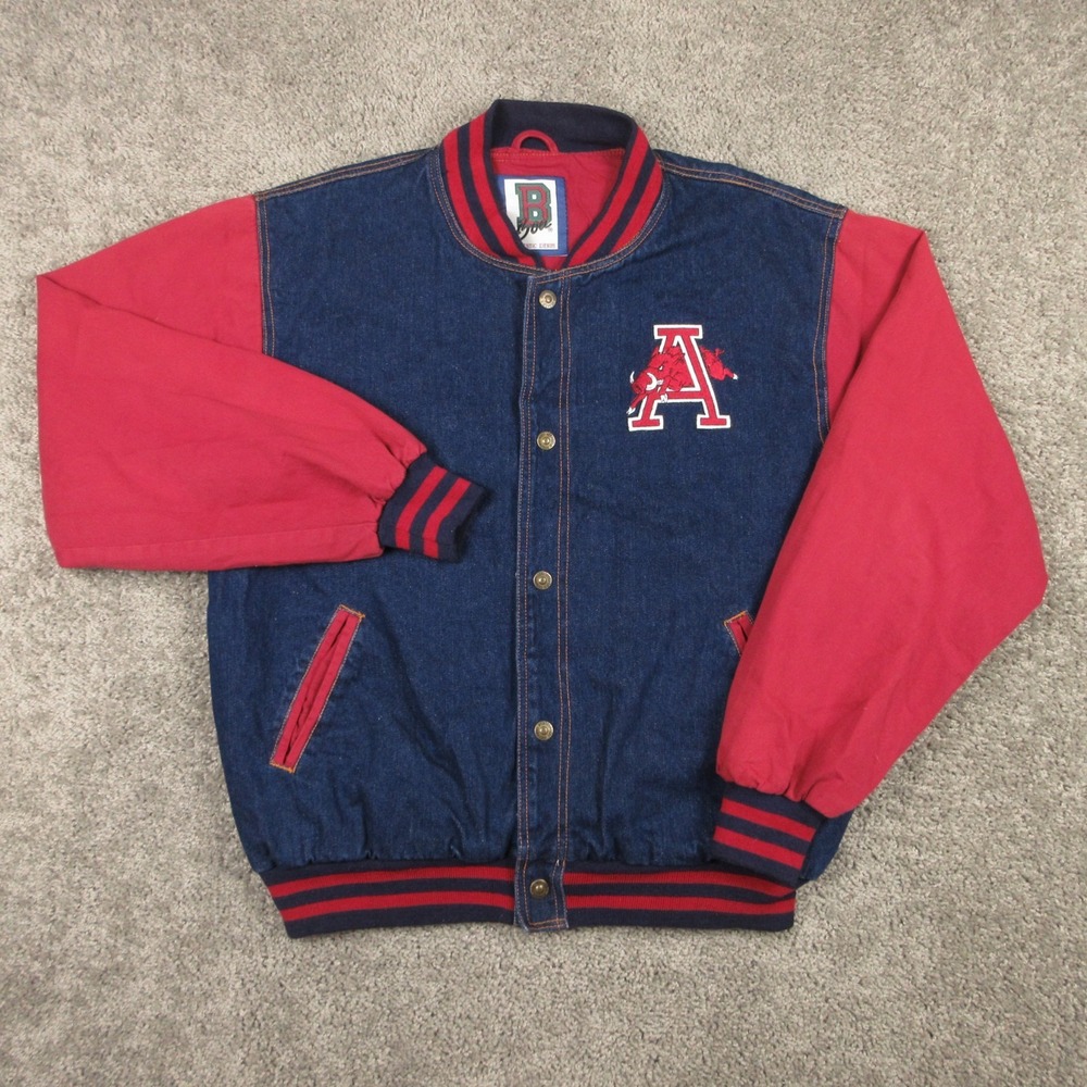 Vintage Ankansas Razorbacks Jacket Mens L Blue Red Denim Bomber Letterman Boa